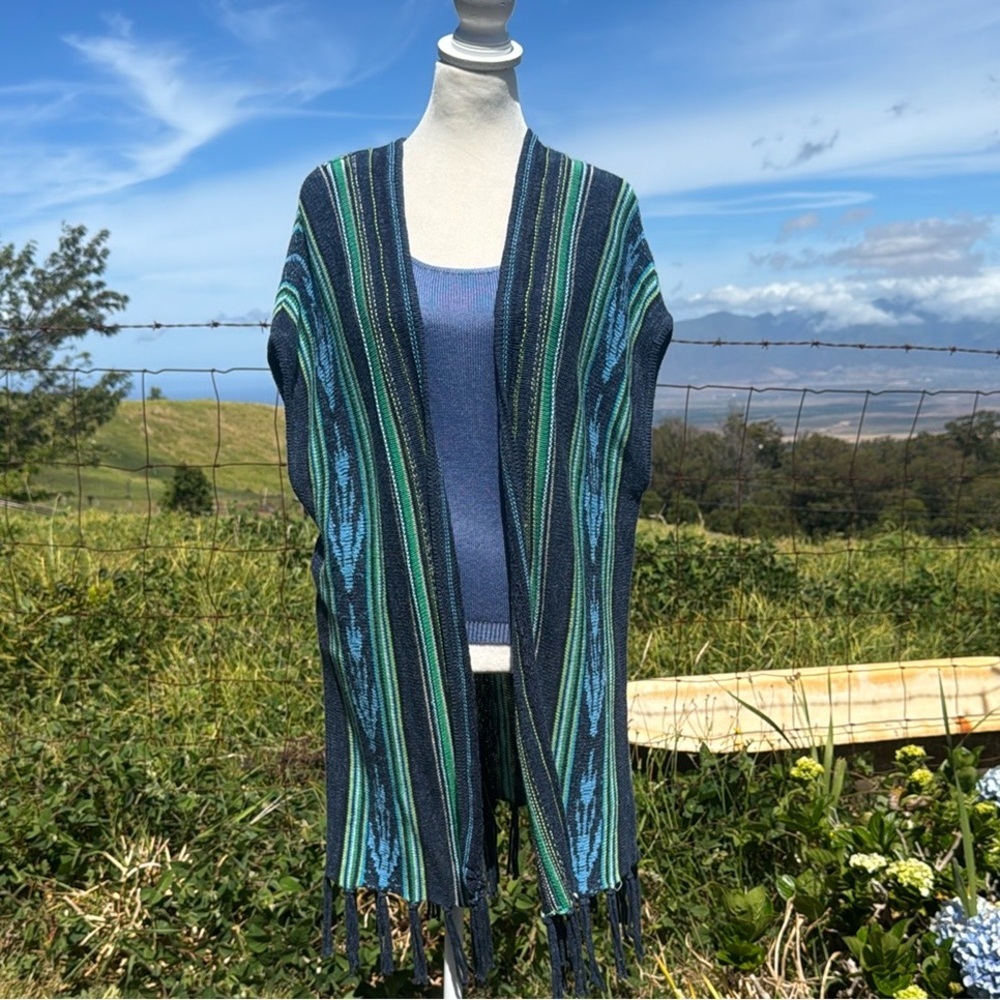 Chaps Blue Southwestern western Knit Pocho Open knit fringed Cardigan M